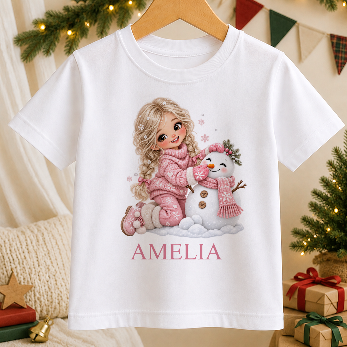 Personalised Blonde Girl and Snowman kids Christmas t-shirt in white with a custom name