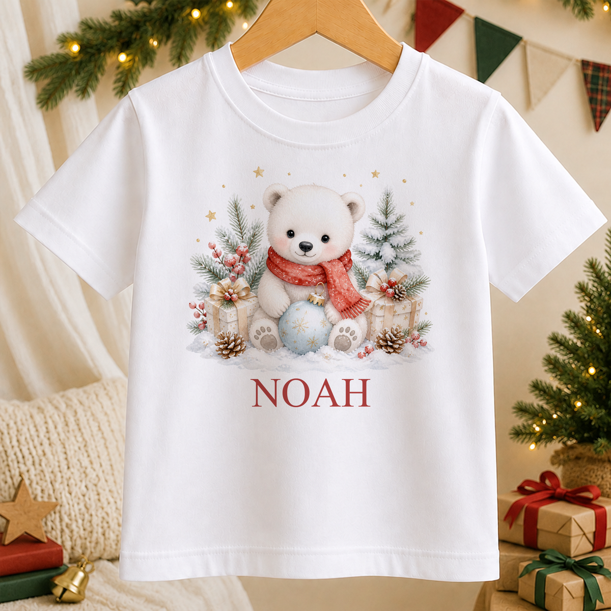 Personalised Polar Bear in Red Scarf kids Christmas t-shirt in white with a custom name