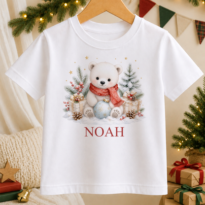 Personalised Polar Bear in Red Scarf kids Christmas t-shirt in white with a custom name