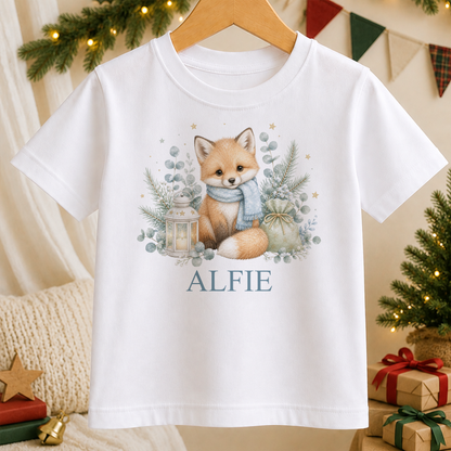 Personalised Winter Fox kids Christmas t-shirt in white with a custom name