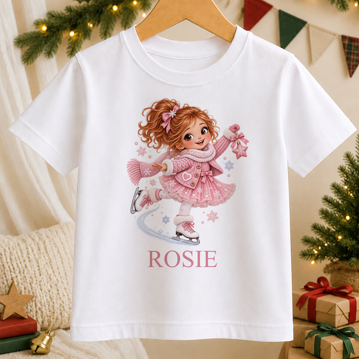 Personalised Ice Skating Girl kids Christmas t-shirt in white with a custom name