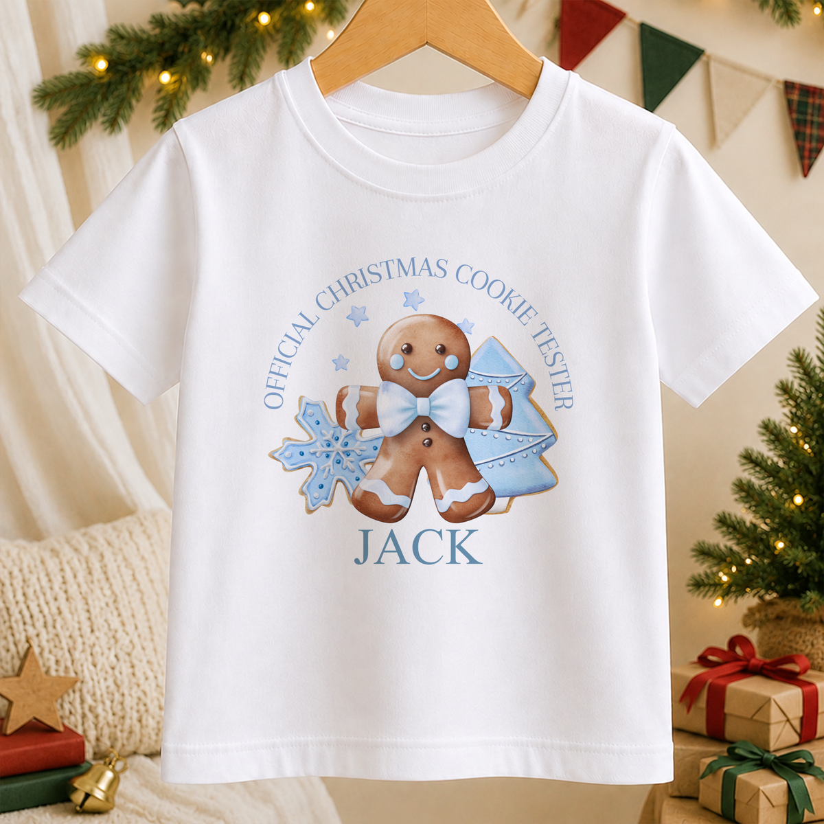 Personalised Blue Cookie Tester kids Christmas t-shirt in white with a custom name