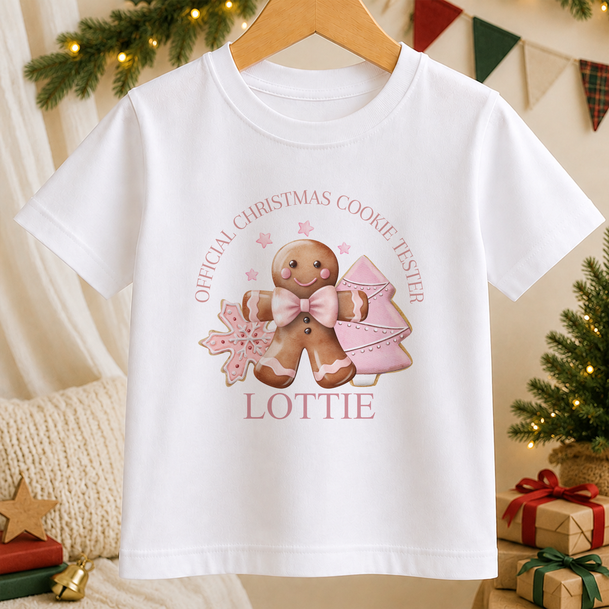 Personalised Pink Cookie Tester kids Christmas t-shirt in white with a custom name