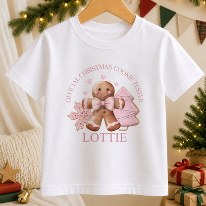 Personalised Pink Cookie Tester kids Christmas t-shirt in white with a custom name