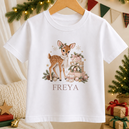 Personalised Fawn and Gift Stack kids Christmas t-shirt in white with a custom name