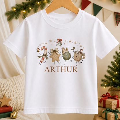 Personalised Festive Friends kids Christmas t-shirt in white with a custom name