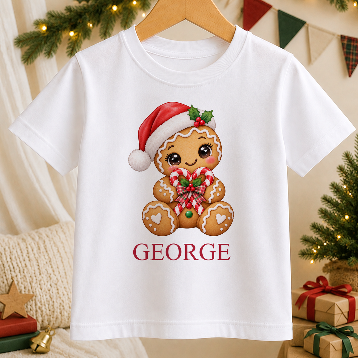 Personalised Gingerbread Candy Cane Heart kids Christmas t-shirt in white with a custom name