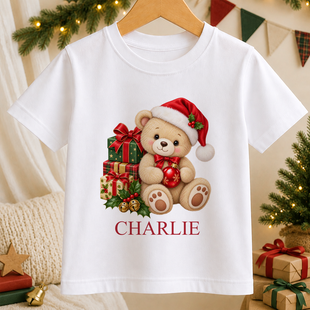 Personalised Teddy with Presents kids Christmas t-shirt in white with a custom name