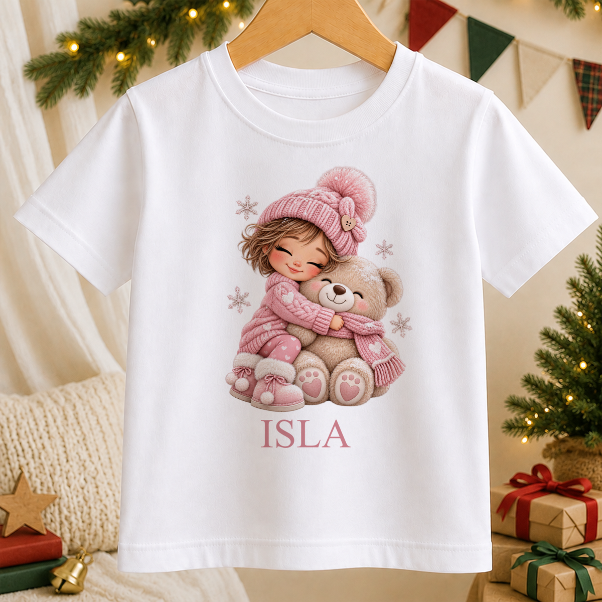 Personalised Girl Hugging Teddy kids Christmas t-shirt in white with a custom name