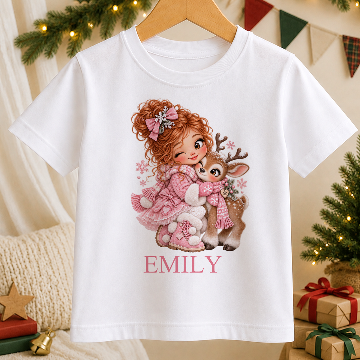Personalised Girl Hugging Reindeer kids Christmas t-shirt in white with a custom name