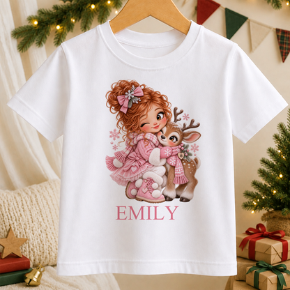 Personalised Girl Hugging Reindeer kids Christmas t-shirt in white with a custom name