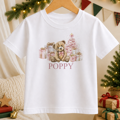 Personalised Pink Teddy and Presents kids Christmas t-shirt in white with a custom name