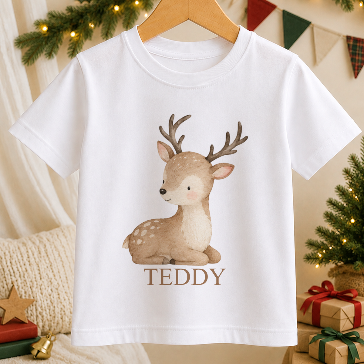Personalised Baby Reindeer kids Christmas t-shirt in white with a custom name