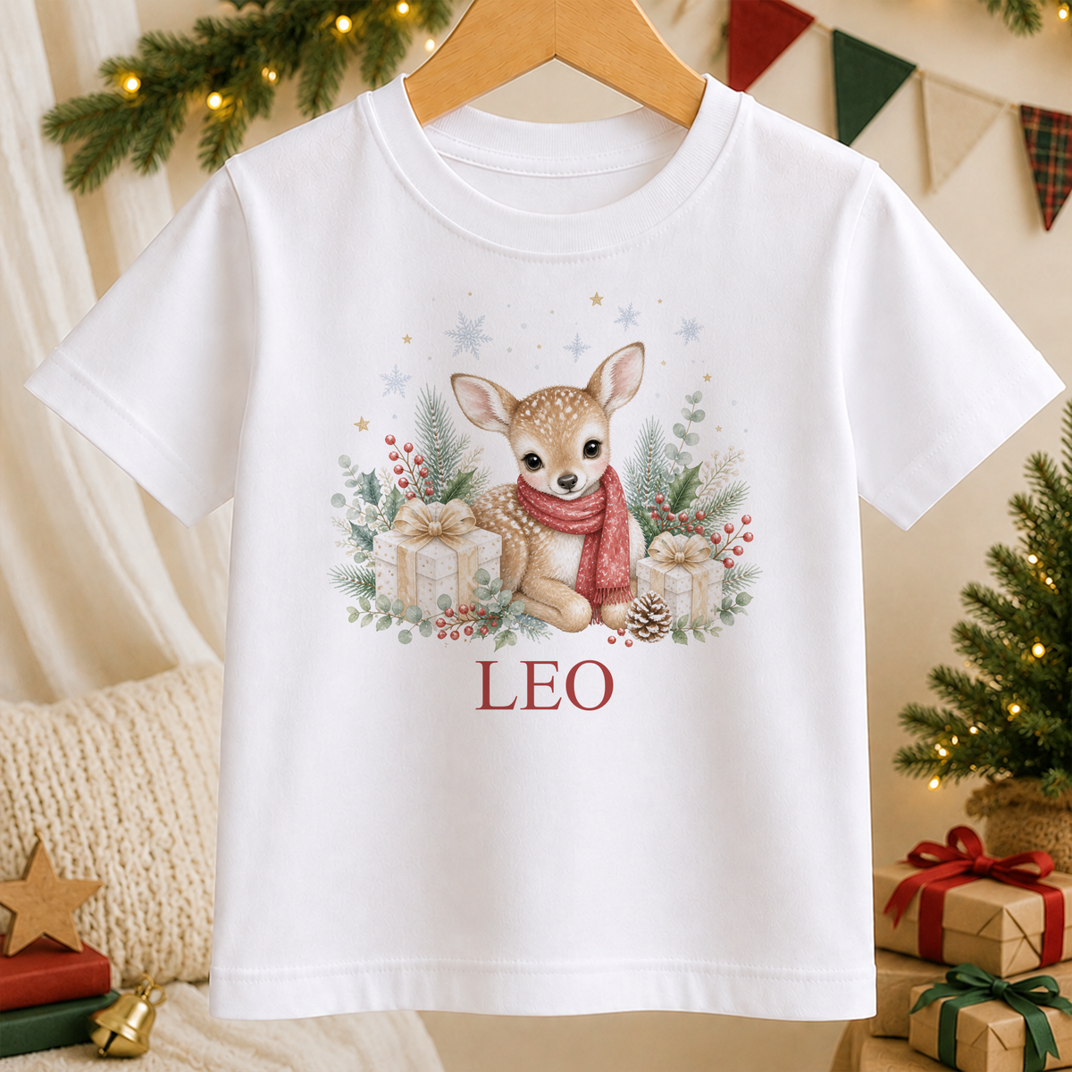 Personalised Baby Deer Red Scarf kids Christmas t-shirt in white with a custom name