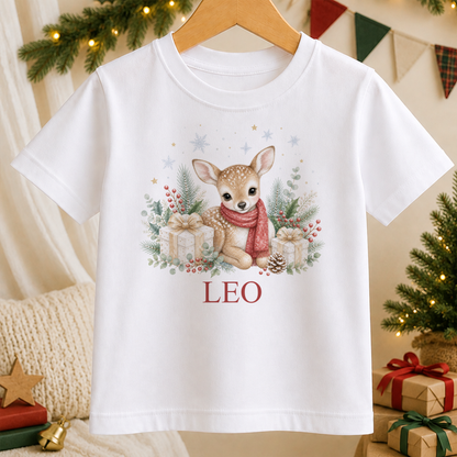 Personalised Baby Deer Red Scarf kids Christmas t-shirt in white with a custom name