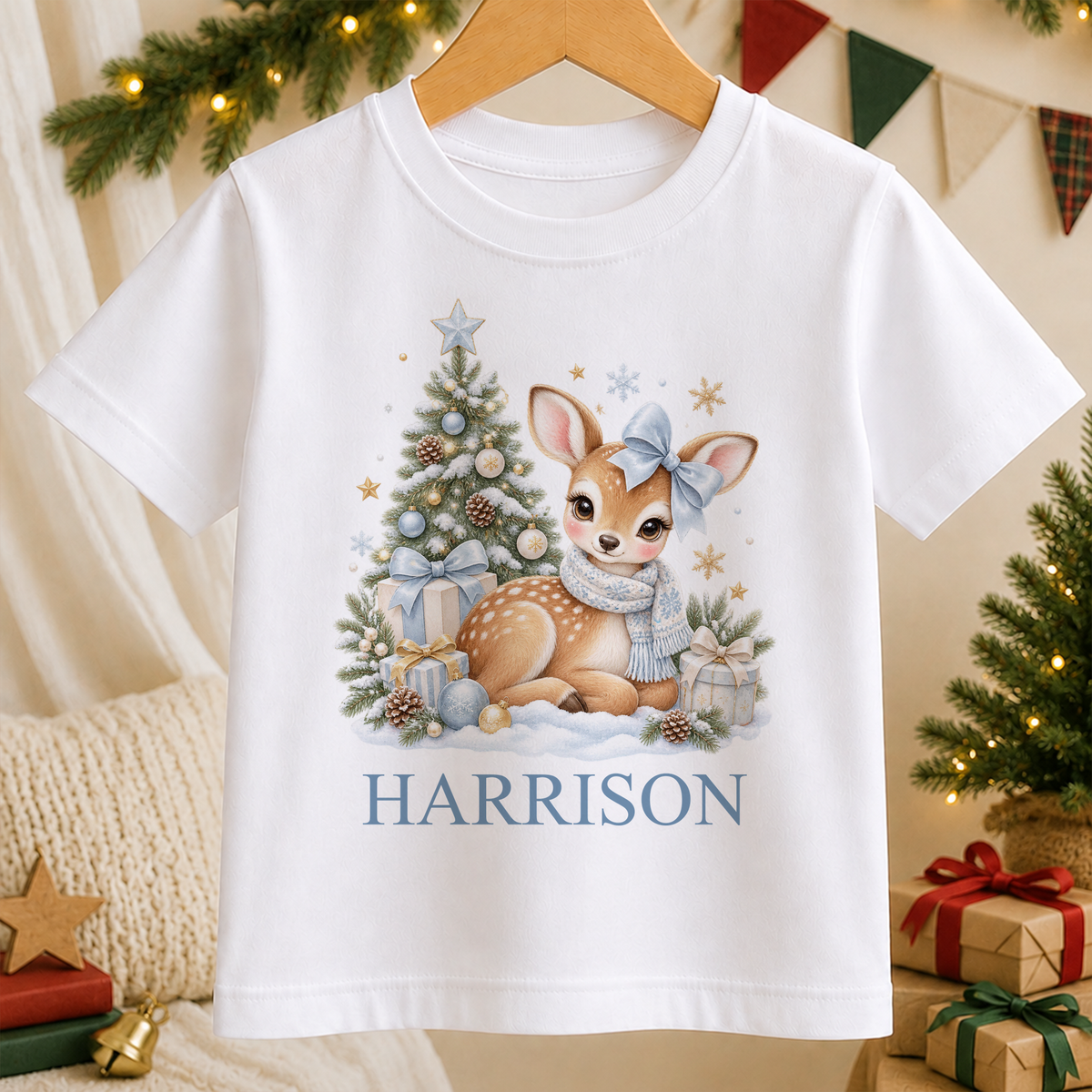 Personalised Blue Bow Fawn kids Christmas t-shirt in white with a custom name