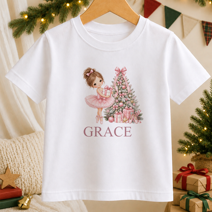 Personalised Pink Tree Ballerina kids Christmas t-shirt in white with a custom name