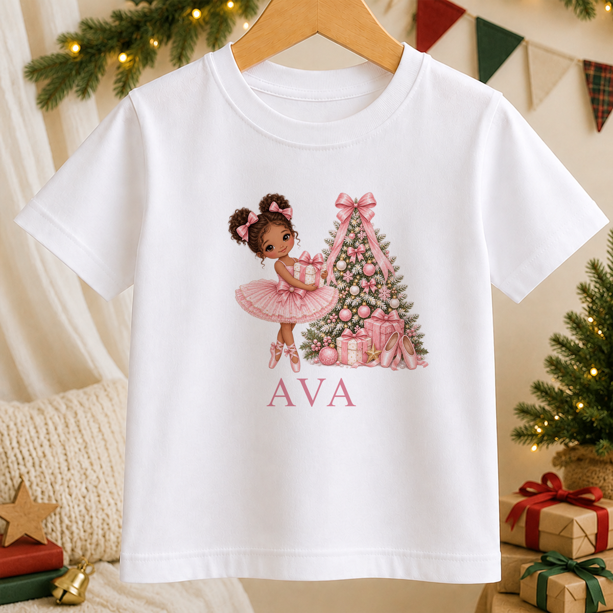 Personalised Curly Bun Ballerina kids Christmas t-shirt in white with a custom name