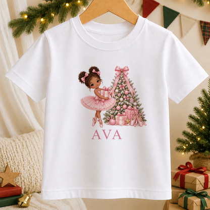 Personalised Curly Bun Ballerina kids Christmas t-shirt in white with a custom name