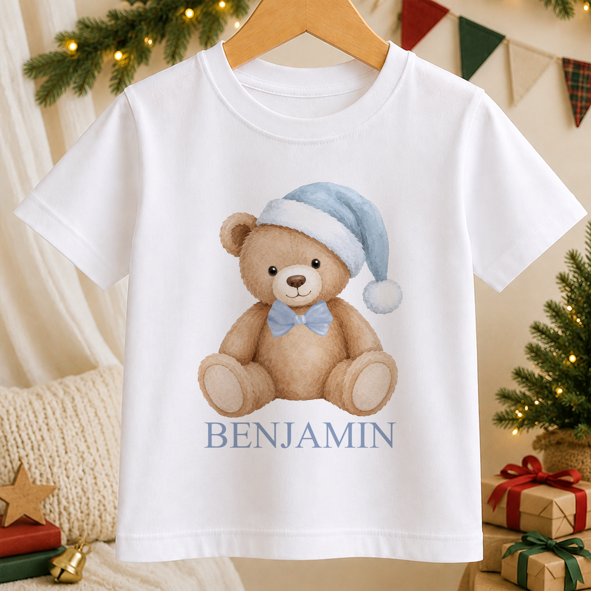 Personalised Blue Hat Teddy kids Christmas t-shirt in white with a custom name