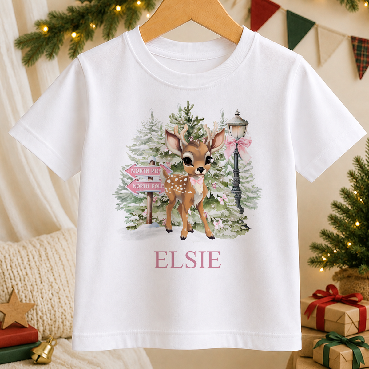 Personalised North Pole Fawn Pink Bow kids Christmas t-shirt in white with a custom name