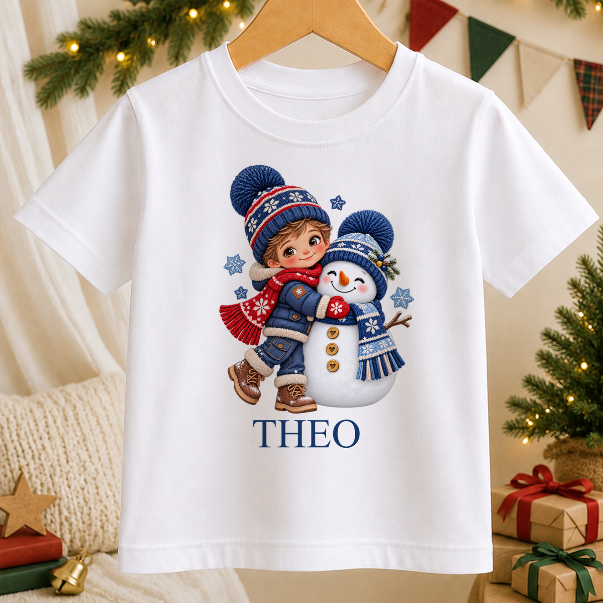 Personalised Boy Hugging Snowman kids Christmas t-shirt in white with a custom name