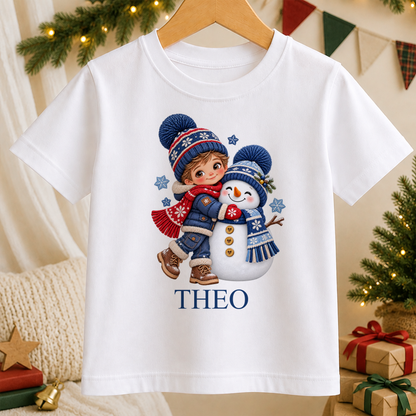 Personalised Boy Hugging Snowman kids Christmas t-shirt in white with a custom name