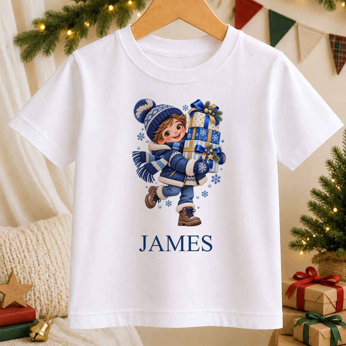 Personalised Boy with Presents kids Christmas t-shirt in white with a custom name