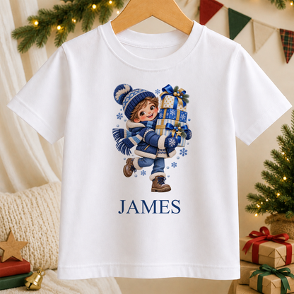 Personalised Boy with Presents kids Christmas t-shirt in white with a custom name