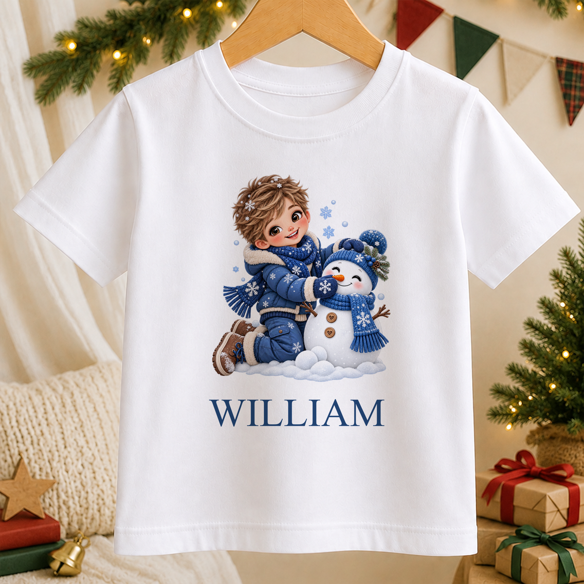 Personalised Boy Building Snowman kids Christmas t-shirt in white with a custom name