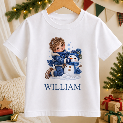 Personalised Boy Building Snowman kids Christmas t-shirt in white with a custom name