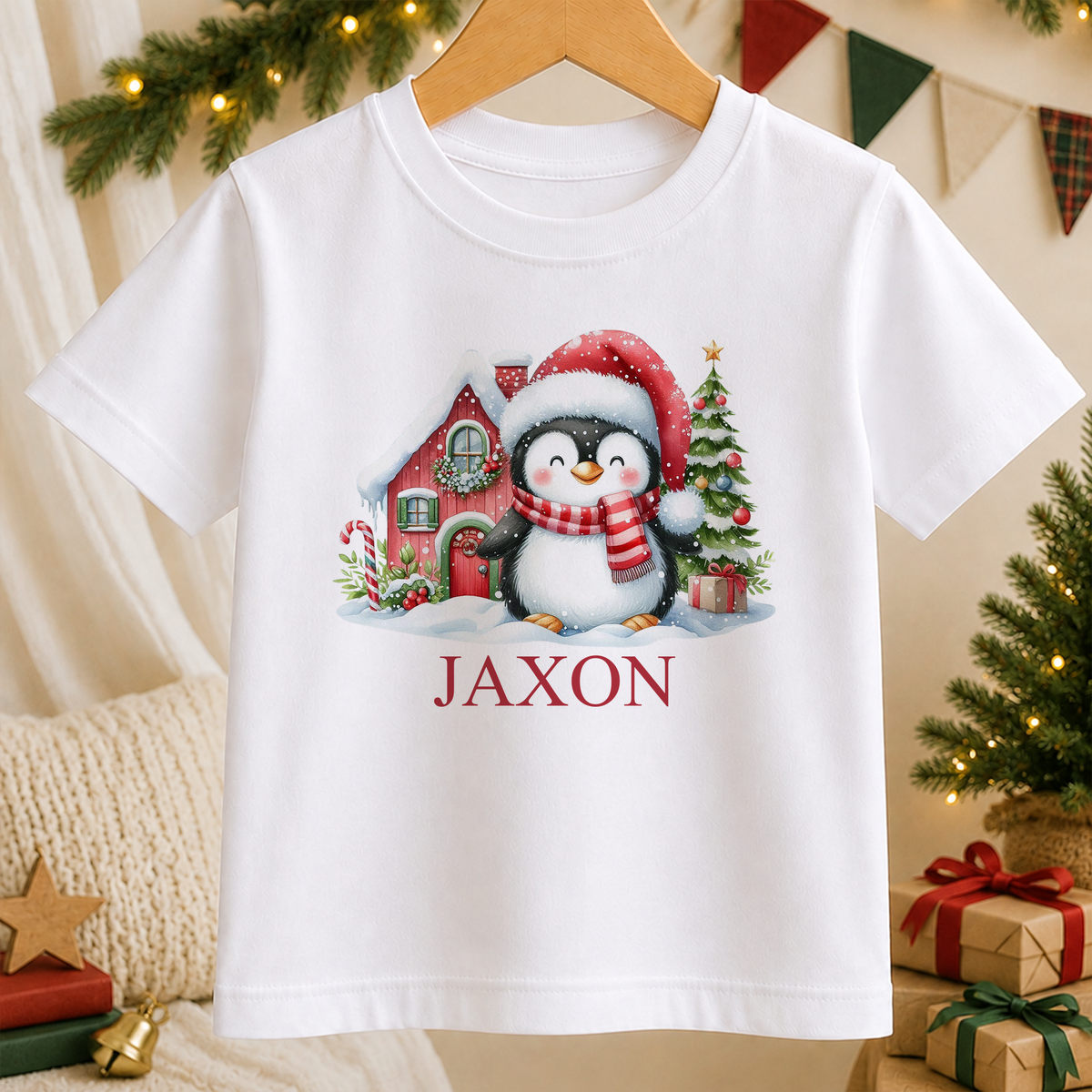 Personalised Santa Hat Penguin kids Christmas t-shirt in white with a custom name