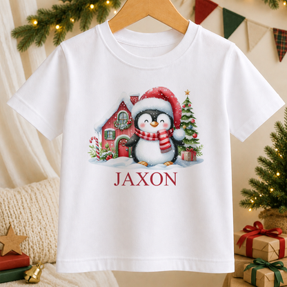 Personalised Santa Hat Penguin kids Christmas t-shirt in white with a custom name