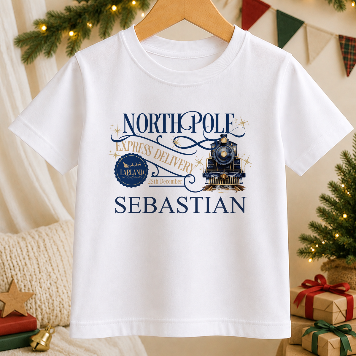 Personalised North Pole Express Navy Train kids Christmas t-shirt in white with a custom name