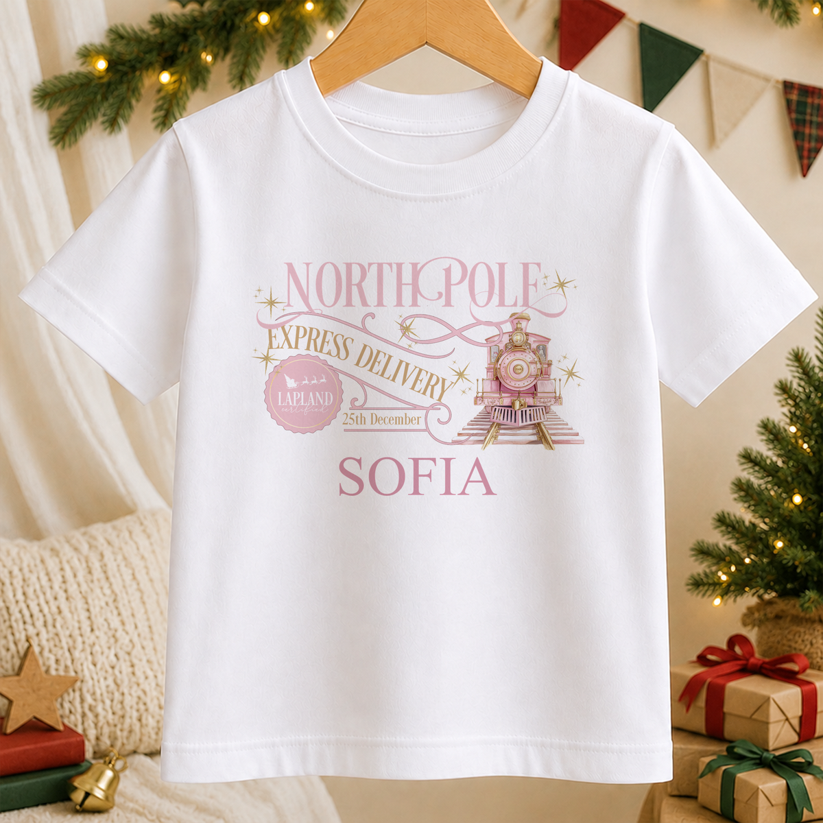Personalised North Pole Express Pink Train kids Christmas t-shirt in white with a custom name