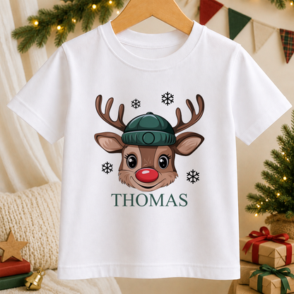 Personalised Reindeer Face Beanie kids Christmas t-shirt in white with a custom name