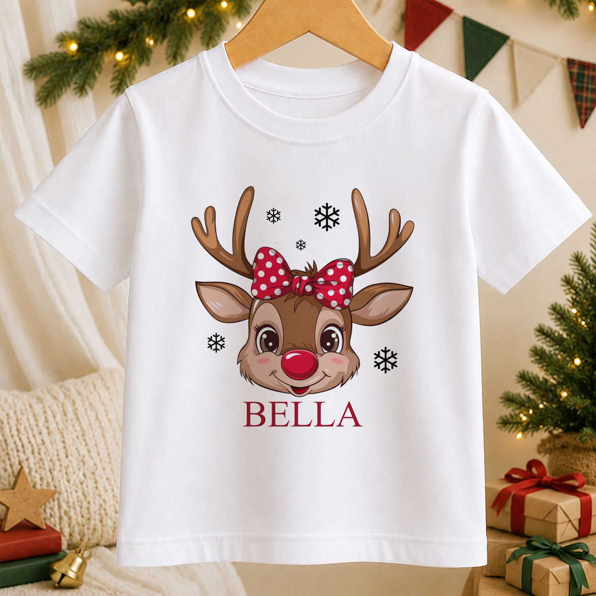 Personalised Reindeer Face Polka Bow kids Christmas t-shirt in white with a custom name