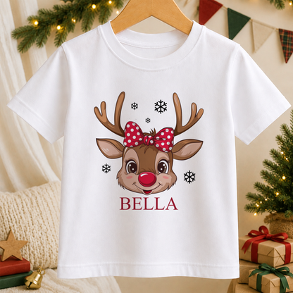 Personalised Reindeer Face Polka Bow kids Christmas t-shirt in white with a custom name