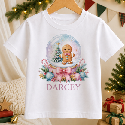 Personalised Gingerbread Snow Globe kids Christmas t-shirt in white with a custom name