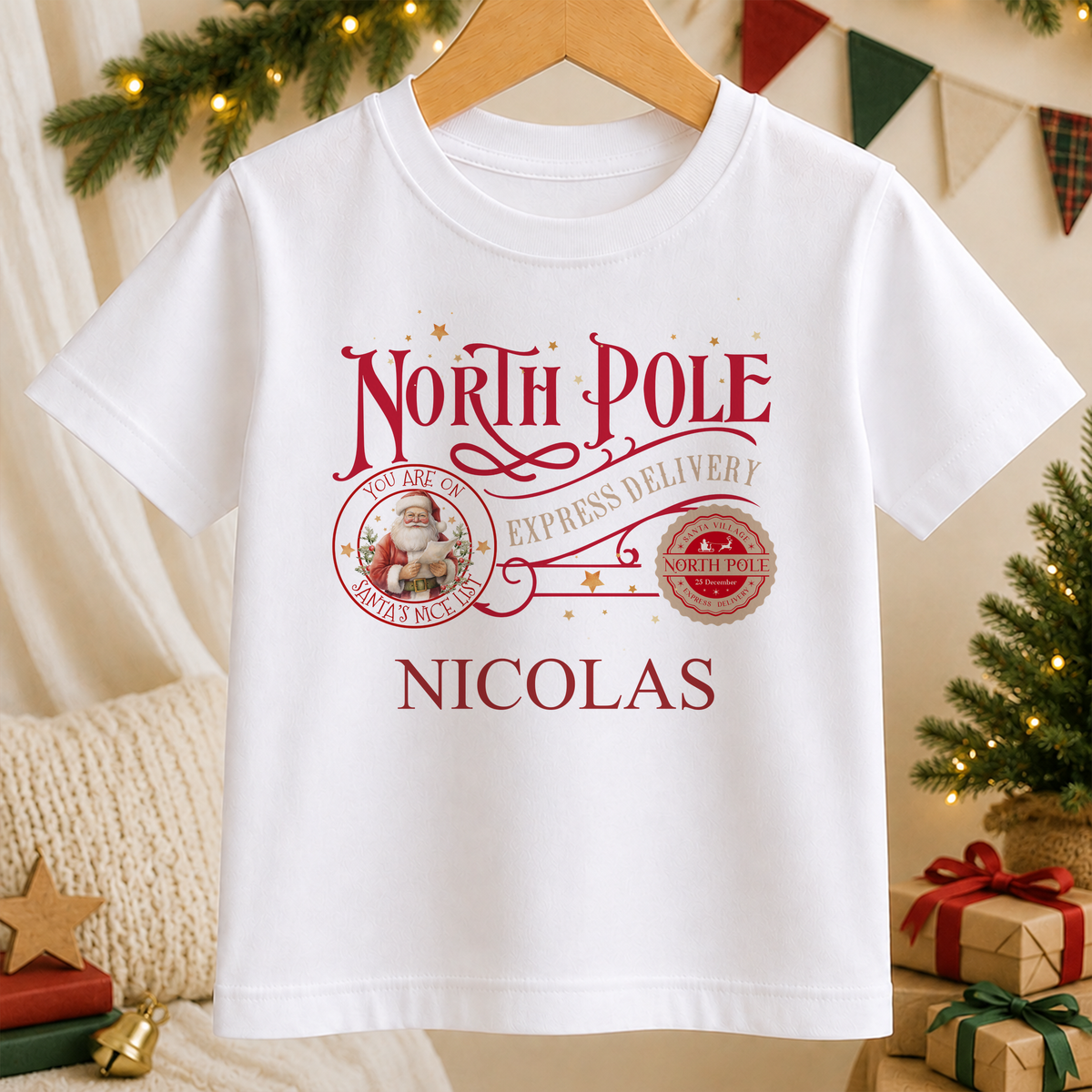 Personalised North Pole Express Santa Stamp kids Christmas t-shirt in white with a custom name