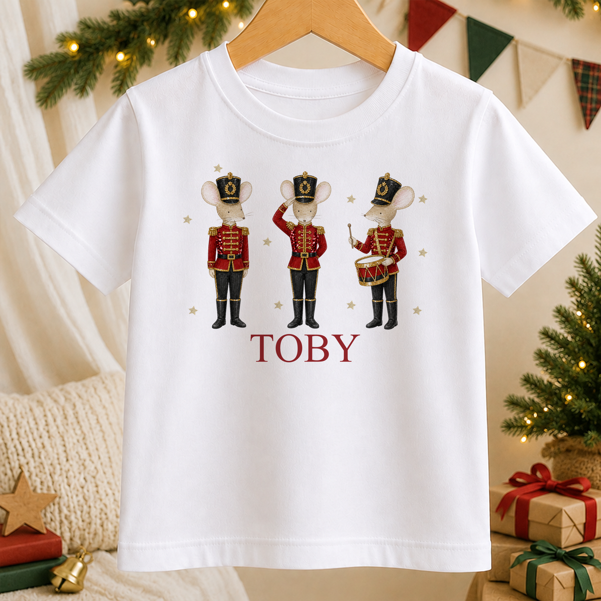 Personalised Nutcracker Mice kids Christmas t-shirt in white with a custom name