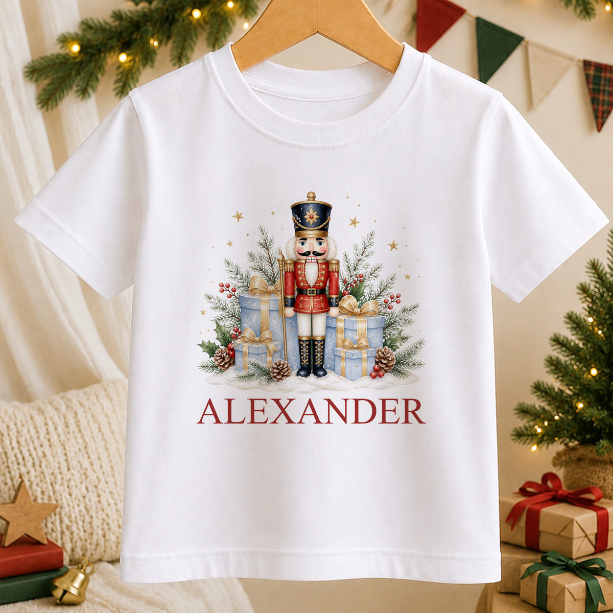 Personalised Nutcracker Soldier and Gifts kids Christmas t-shirt in white with a custom name