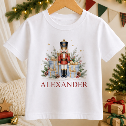 Personalised Nutcracker Soldier and Gifts kids Christmas t-shirt in white with a custom name