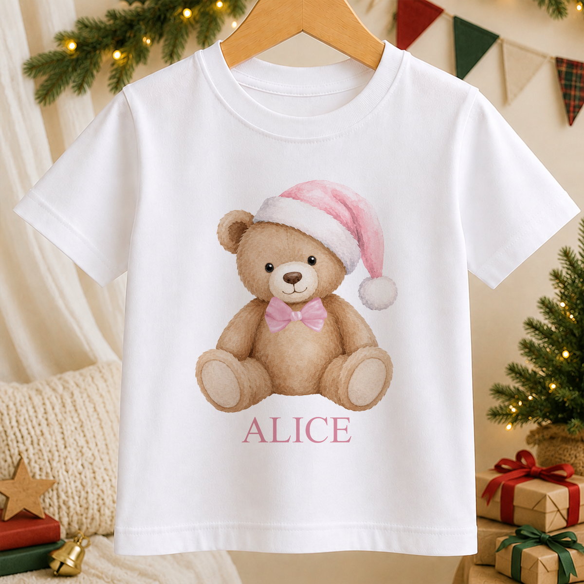 Personalised Pink Hat Teddy kids Christmas t-shirt in white with a custom name
