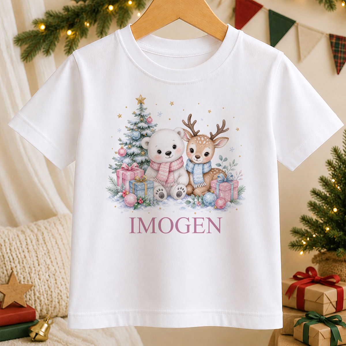 Personalised Polar Bear and Fawn Friends kids Christmas t-shirt in white with a custom name