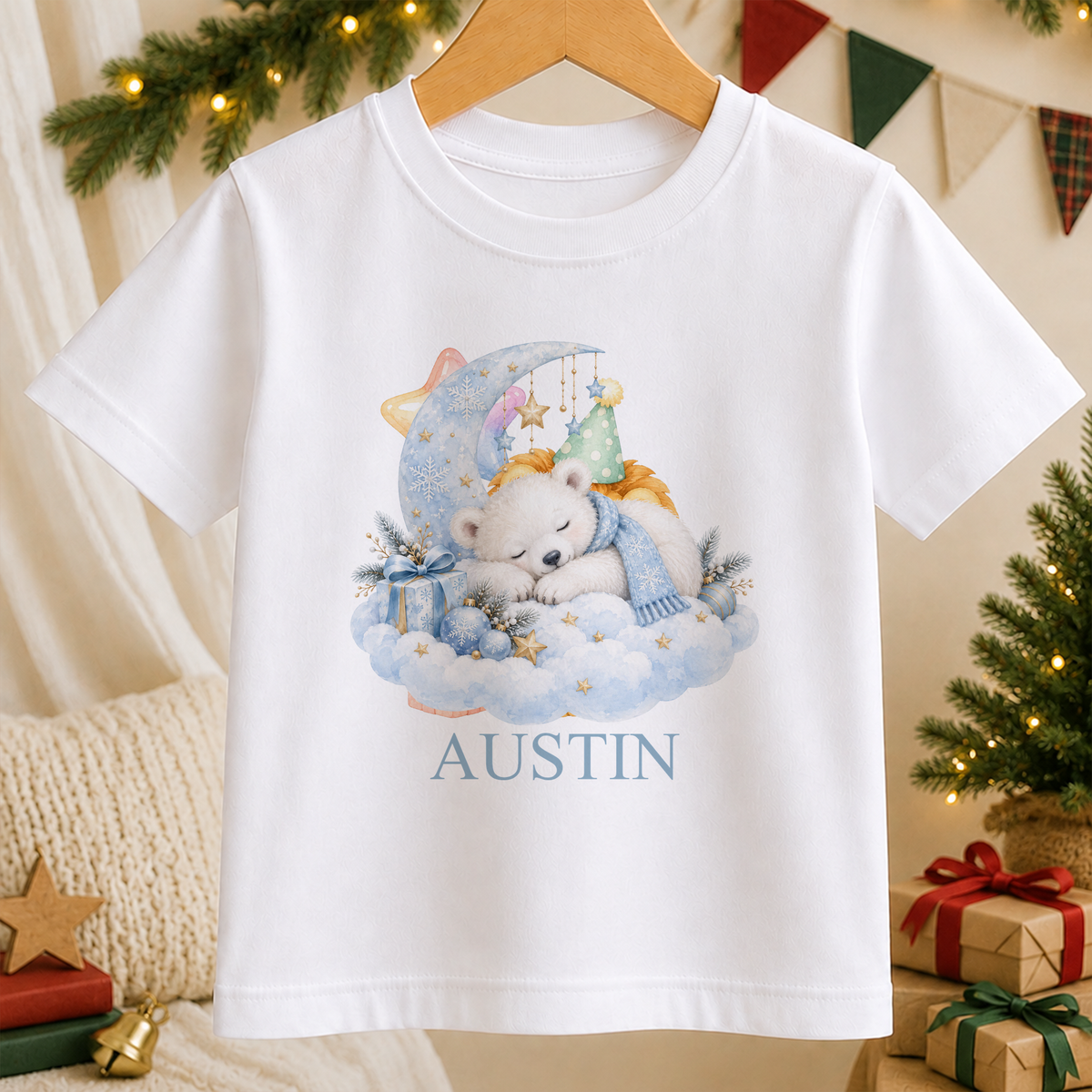 Personalised Sleepy Polar Bear kids Christmas t-shirt in white with a custom name