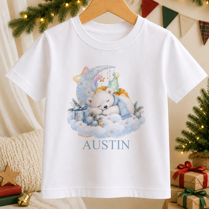Personalised Sleepy Polar Bear kids Christmas t-shirt in white with a custom name