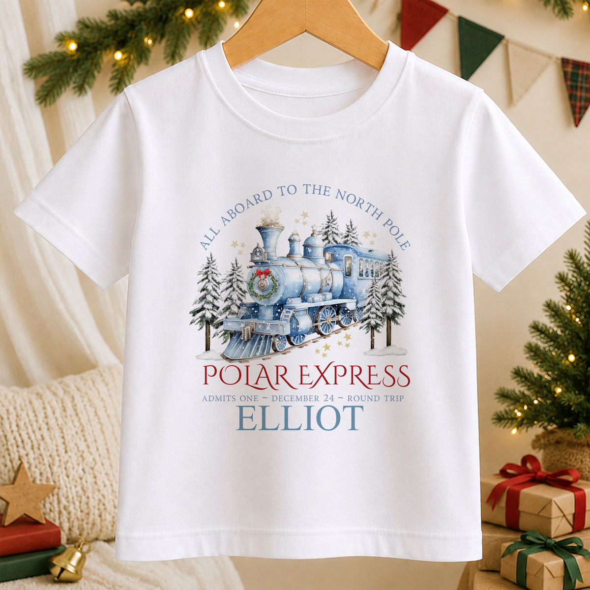 Personalised All Aboard North Pole Train Blue kids Christmas t-shirt in white with a custom name