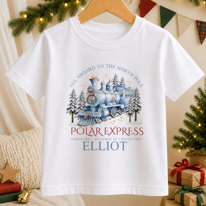 Personalised All Aboard North Pole Train Blue kids Christmas t-shirt in white with a custom name