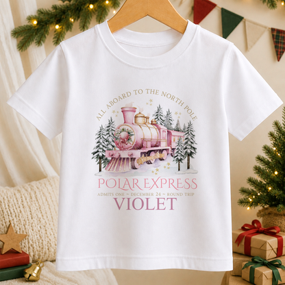 Personalised All Aboard North Pole Train Pink kids Christmas t-shirt in white with a custom name